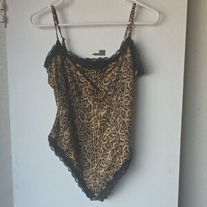 Leopard Print Bodysuit with Black Lace Trim